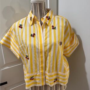 Christian Lacroix Cherry Embellished Cropped Yellow and White Striped Top